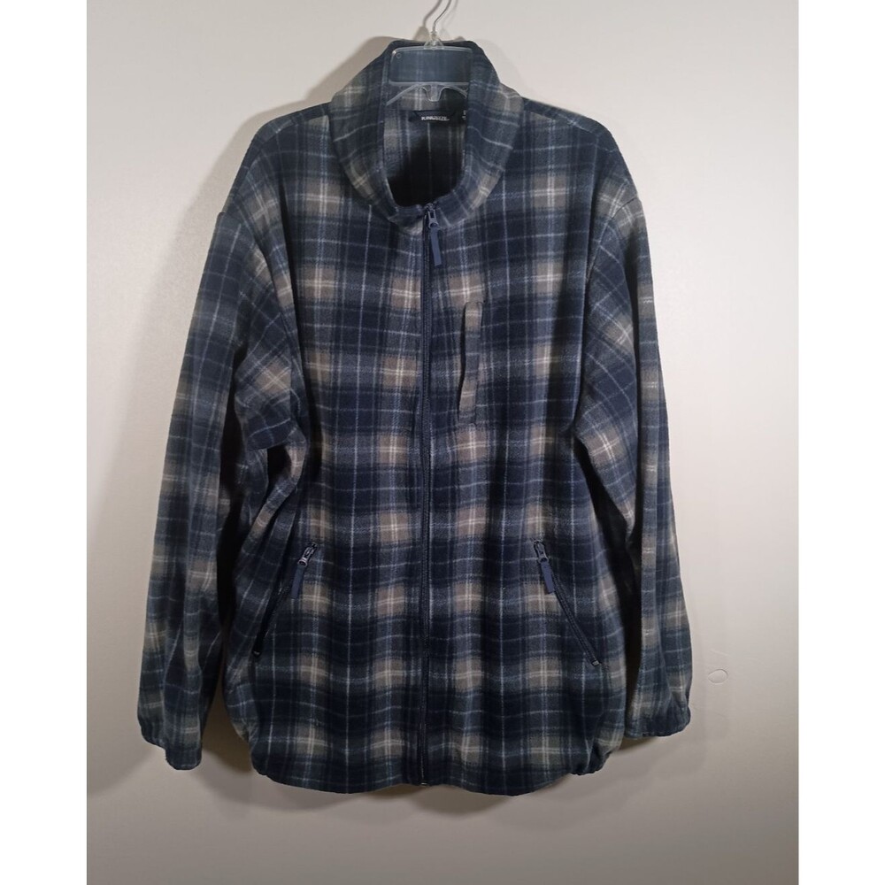 Kingsize Mens Big Tall Navy Plaid Fleece Full Zip Pockets Sweater Size 3XL